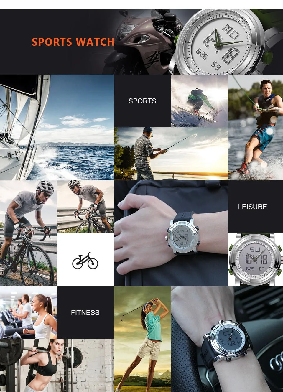 SINOBI Sports Watches Men Dual Display Analog Digital LED Electronic Quartz Wristwatches Men Multifunctional Waterproof Watch