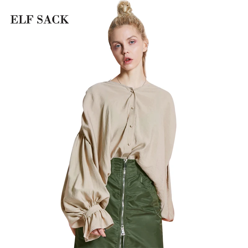 Beste LF SACK 2018 Lente Oversized Lentern Mouwen Blouses Vrouwelijke V hals lange Mouwen Hoge en Lage Vrouwen Tops Pluse Size BL Blouses