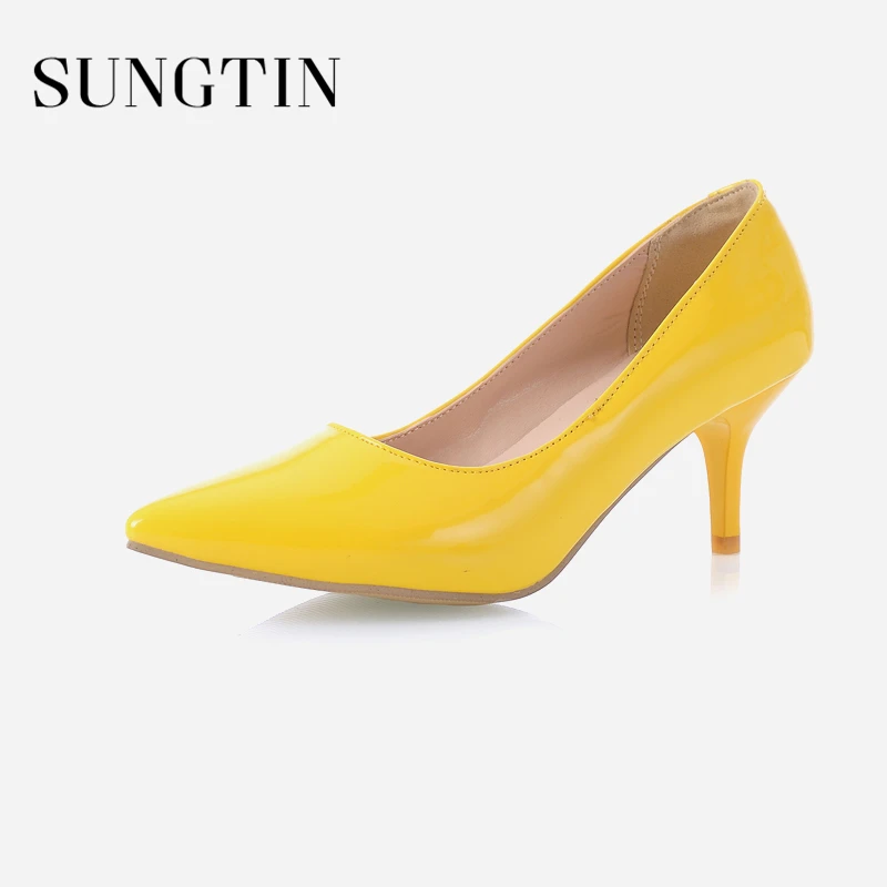 

Sungtin New Elegant Party Women Pumps Solid Red Pointed Toe High Heel Wedding Shoes Plus Size 45 Ladies Patent Leather Stilettos