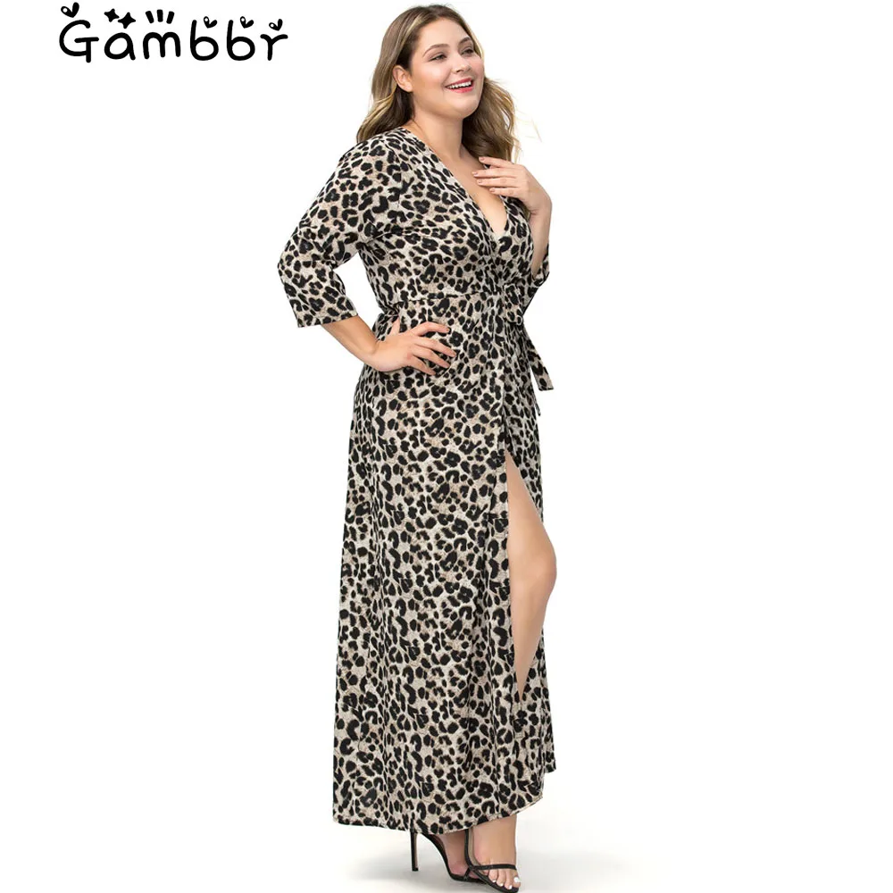 

Plus Size 3XL 4XL 5XL 6XL Women Chiffon Dress 2019 Summer Sexy V Neck Leopard Print Split Long Maxi Dress Tunic Party Robe Femme