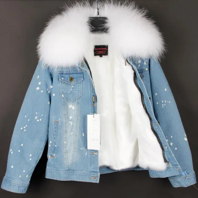 Новая джинсовая Меховая куртка для женщин, воротник из натурального меха енота, Экологически чистая подкладка для зимнего пальто, женские парки, джинсовые пальто - Цвет: white dots