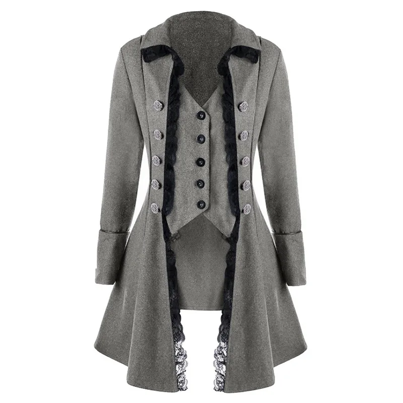 

Laamei Lace Trim Long Medieval Jackets Gothic Ladies Cosplay Women Autumn Winter Solid Long Sleeve Three-Breasted Irregular Tops