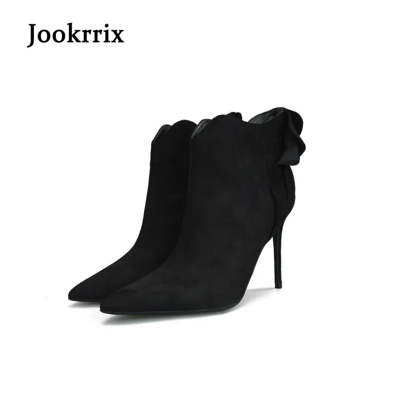

Jookrrix New Autumn Winter Fashion High Heels Ankle Boot Black Shoe Women Short Boot Flock Sexy Lady Elegant Ruffle Zip Big Size