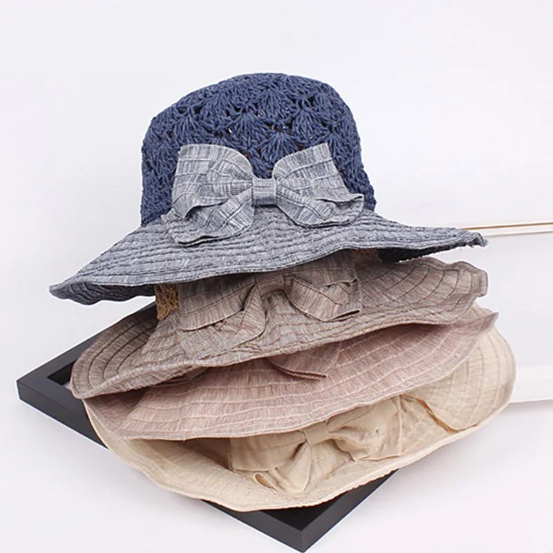 Women Patch Splicing Straw Hat Fashion Wide Brim Bow Cap Ladies Headwear Summer Travel Outdoor Beach Sun Hats CP0196 (2)
