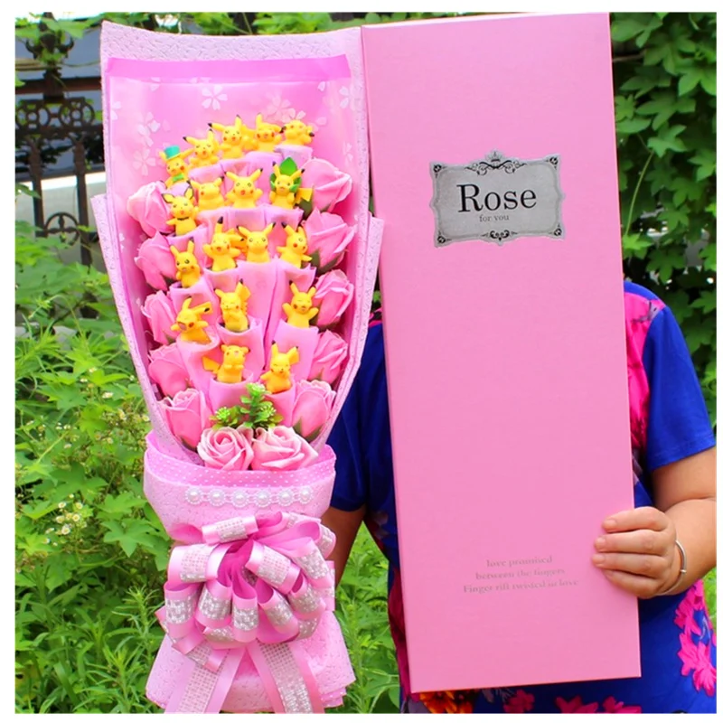 

Valentines Day Gifts Box-packed Different Expressions Pikachu Bouquets Cartoon Doll Box Pure Color Handmade Rose Gifts H258