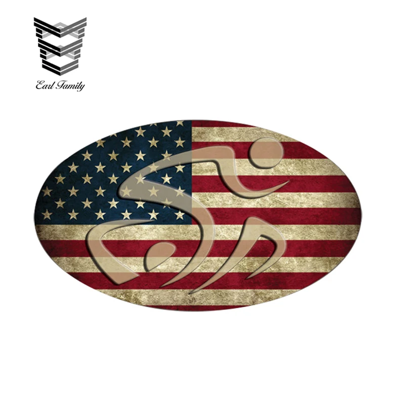 

EARLFAMILY Oval Tri Triathlon RUSTIC Decal Sticker USA Flag USA 70.3 Run Bike Swim Ironman Kona Cycling Swimming Running