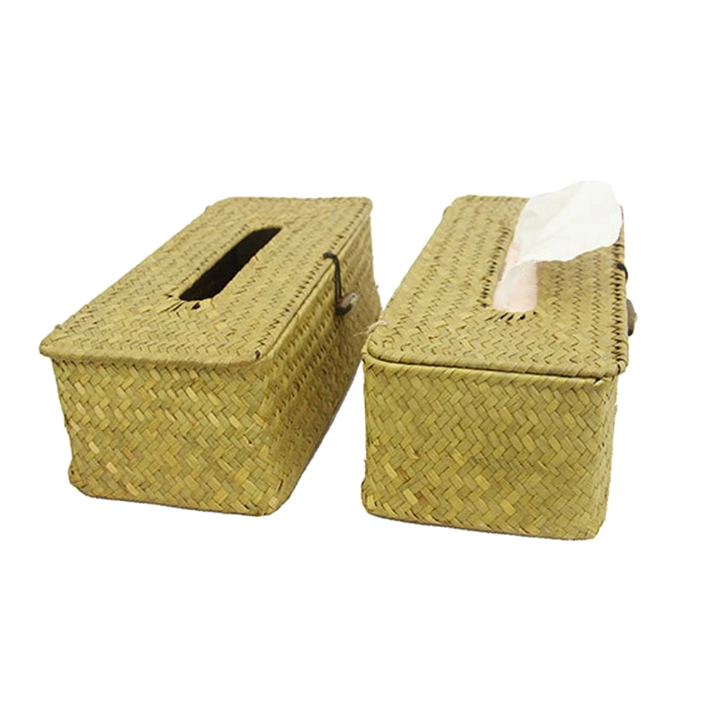 

2Pcs Hand-Woven Seaweed Tissue Box Household Rectangular Napkin Holder Creative Paper Organizer For Bathroom Living Room(Yellow)