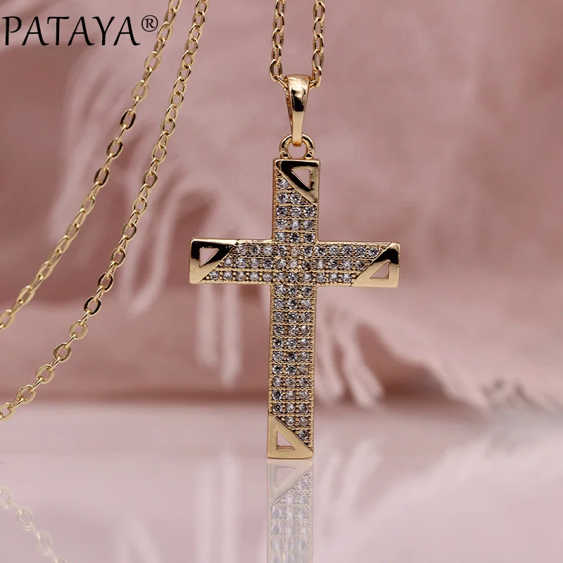 

PATAYA New Natural Zircon Cross Long Necklaces Women Party Gift Luxury Fashion Jewelry 585 Rose Gold Religion Hollow Pendants
