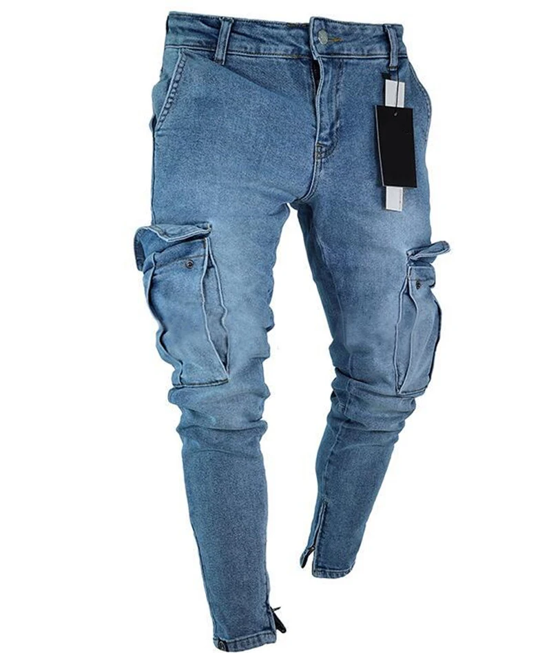 Idopy для мужчин's рабочие джинсы эластичный Мульти Карманы Уличная Винтаж рваные джинсовые брюки мотобрюки для мужчин с лодыжки застёжки