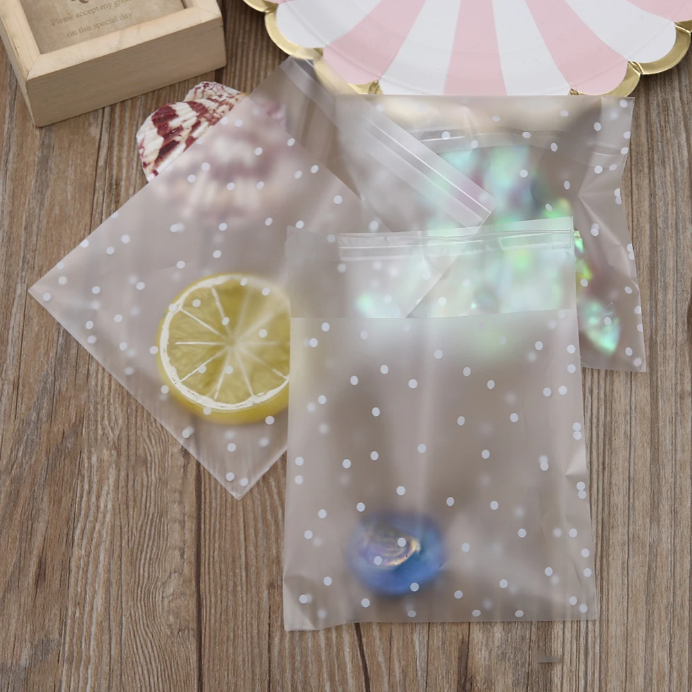 

100Pcs/set White Dots Plastic Christmas Gift Bag Transparent Frosted OPP Birthday Party Wedding Cookie Candy Packaging Bag Hot