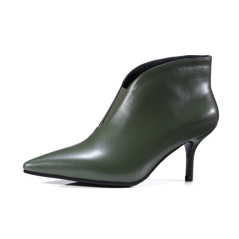 MNIXUAN/Брендовая обувь; женские ботильоны из натуральной кожи; коллекция года; сезон осень; пикантные туфли с острым носком и v-образным вырезом в римском стиле на тонком высоком каблуке; Цвет черный, зеленый
