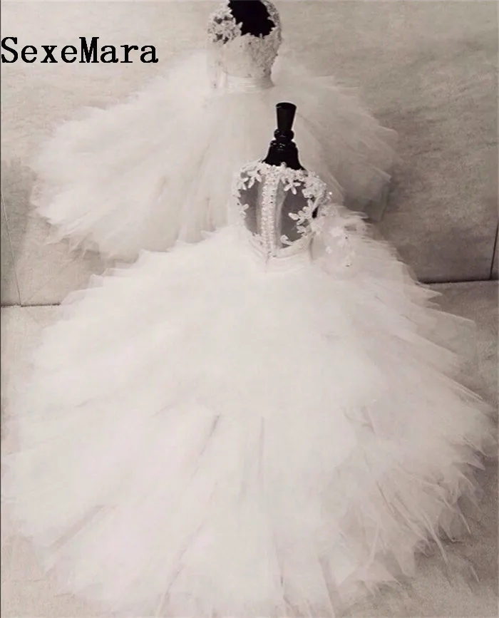 Платье с цветочным узором для девочек Белое Бальное платье цвета слоновой кости кружевное фатиновое платье с аппликацией Многоярусное