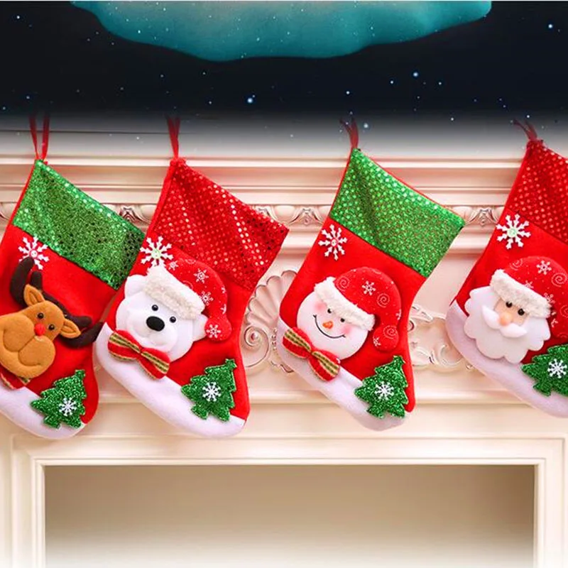 

Merry Christmas Stockings Santa Claus Snowman Sock Xmas Plaid Sequin Candy Gift Bags Decoration For Christmas Tree Hanging Mini