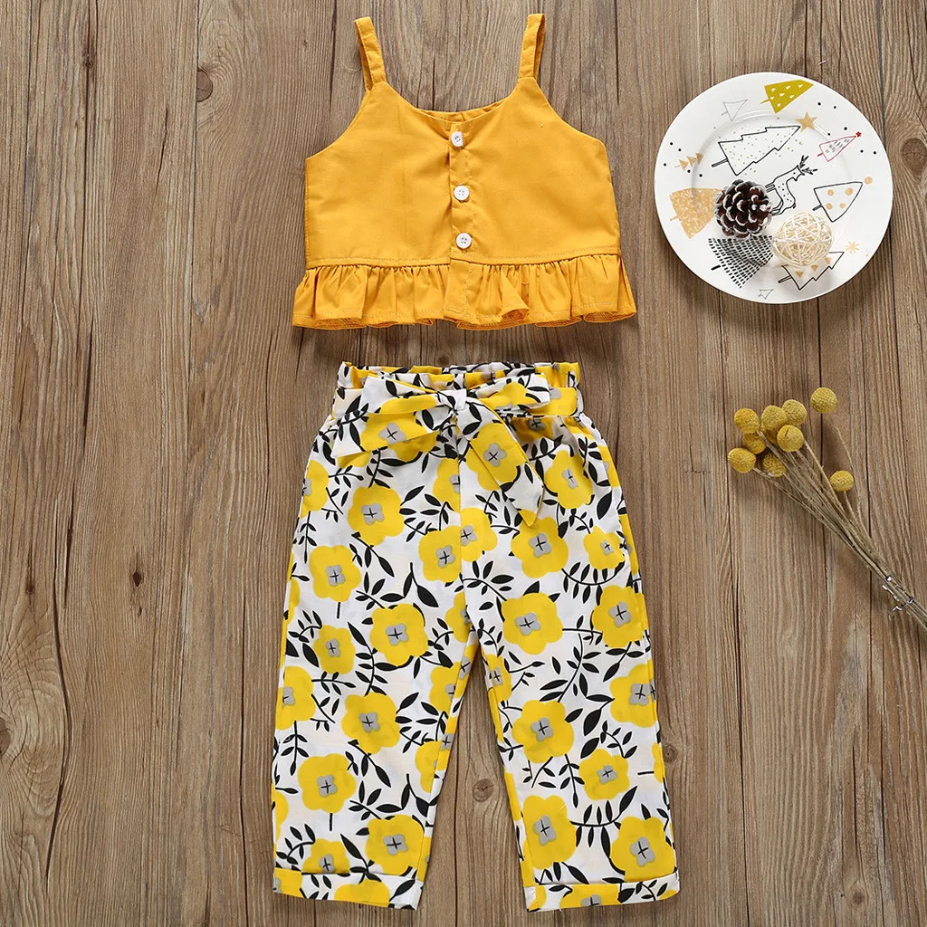 

Summer Baby Girls Clothing 2019 Girl Outfits Kids Crop Tops+Sunflower Print Pants Children Clothes Suit For Girls 2 3 4 Years