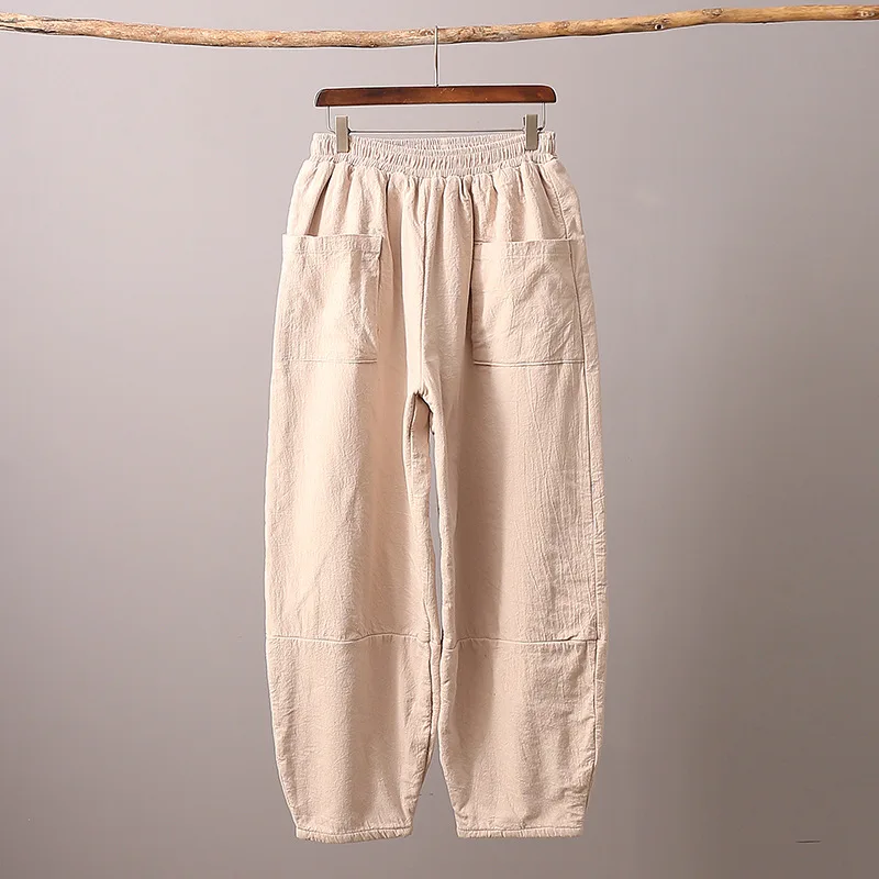 New women big size ramie trousers winter cotton linen wide pants cotton padded warm bottom top quality clothes for women