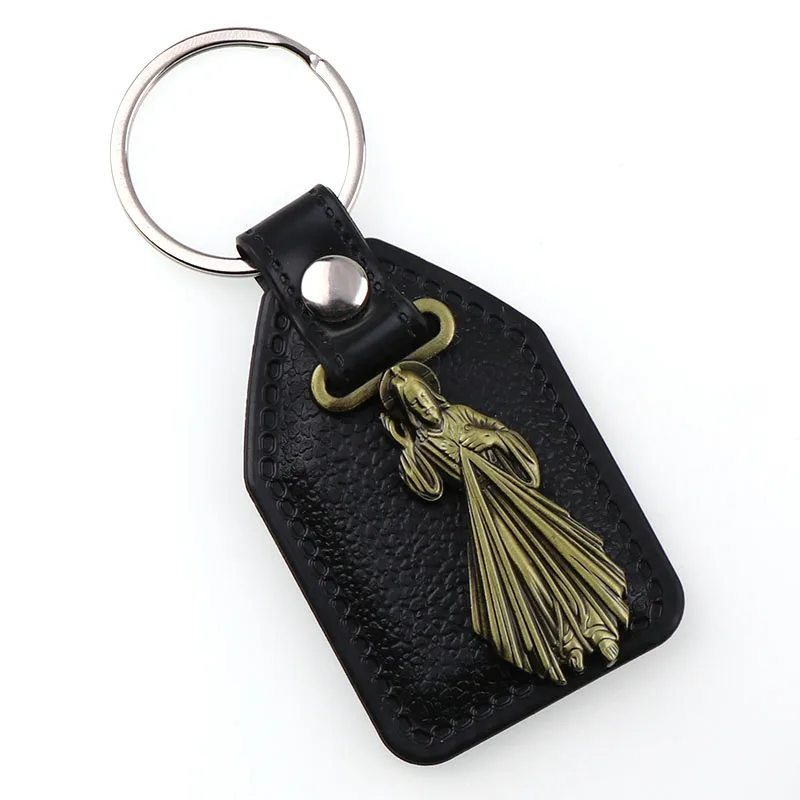 

PU Leather KeyChains divine mercy Charms pendants for Men Black Tag Antique Bronze Plated Hook Key Holder Car Key Holder