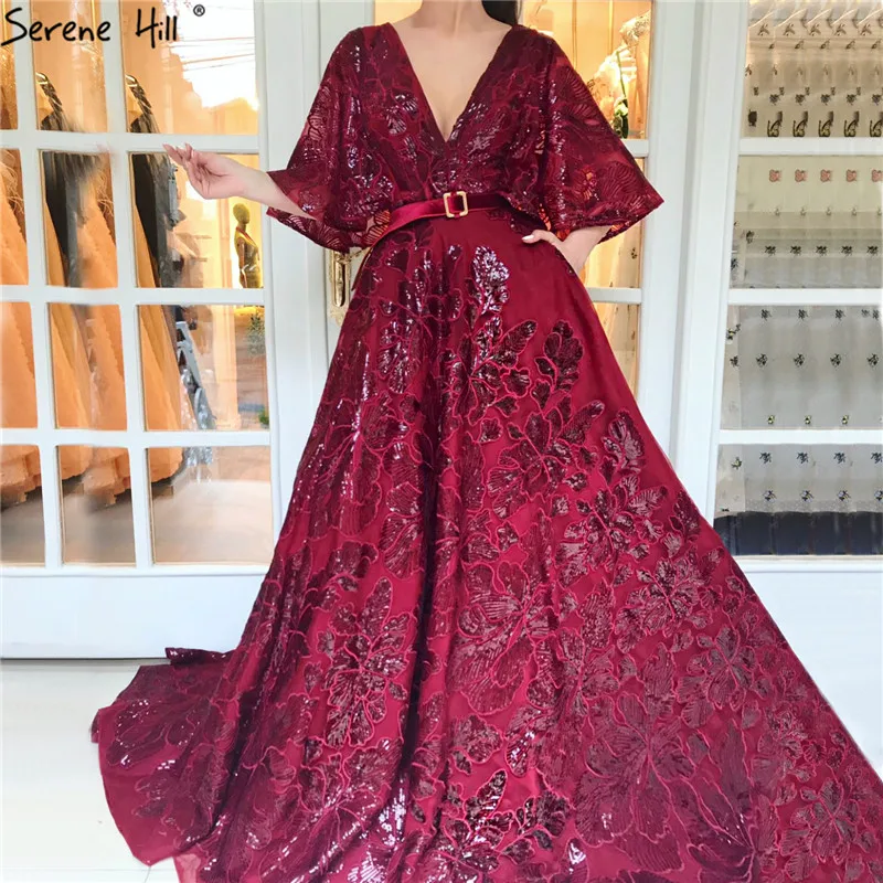 

Wine Red V-Neck Sexy Evening Dresses 2019 Half Sleeves Sequined Sashes A-Line Evening Gowns Serene Hill LA70135