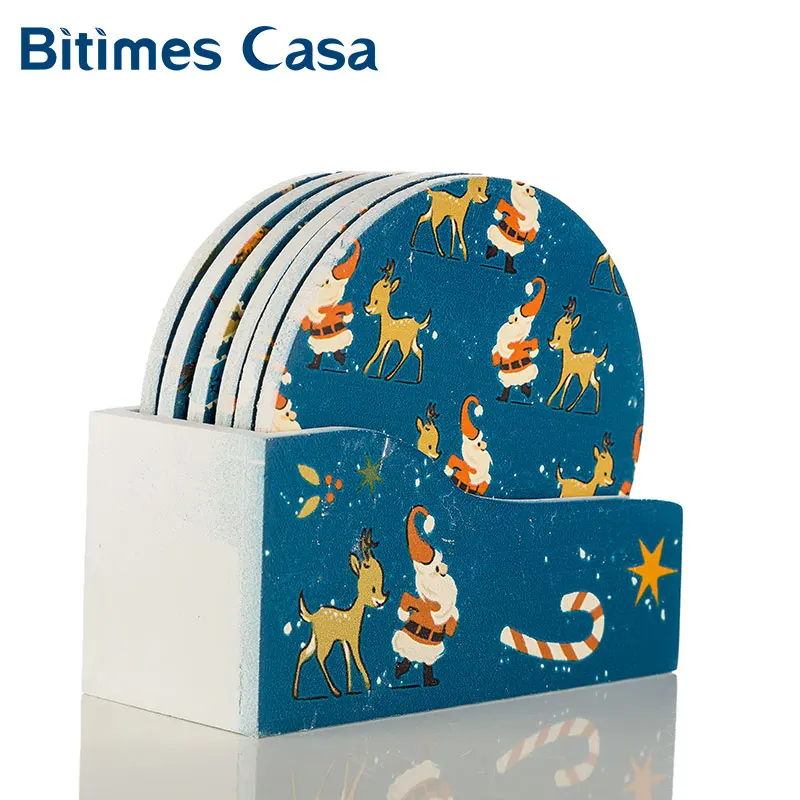 

Bitimes 6 шт./компл. круглый узор Рождественский MDF Настольный подстаканник для чая, кофе коврик для подушек мультяшный стиль Экологичное украшение для дома