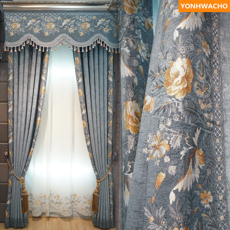 

Custom curtains Modern minimalist chenille bedroom American cotton linen thick cloth blackout curtain tulle valance drape B150