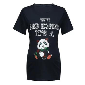 

Funny Large Size Pregnant Women Tops Cute Pandas Eat Bamboo Letters Print Pregnant Mother Round Neck Short-sleeved Casual Wear