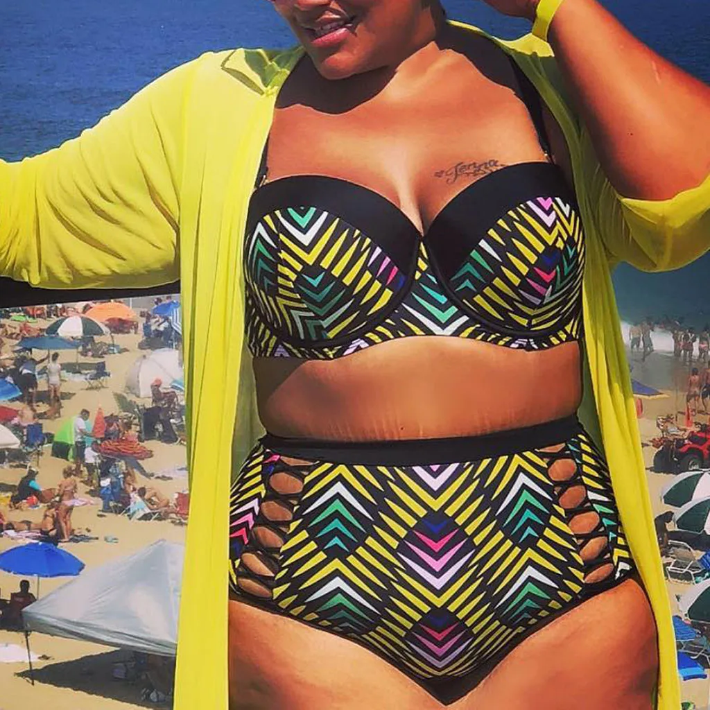 

Swimsuit Bikini 2019 plus size swimwear beach cover up Women's Large Size Split Conservative Stripe Print High Waist Backless