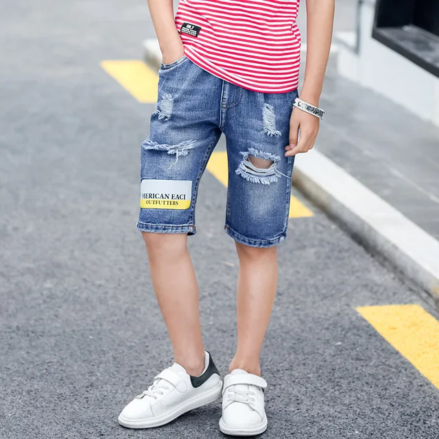 4-13Y Summer Fashion Boy Print Letter Denim Pocket Short Jeans Pants Trousers Elastic Waist Kids Shorts Hole Children's Clothing 4