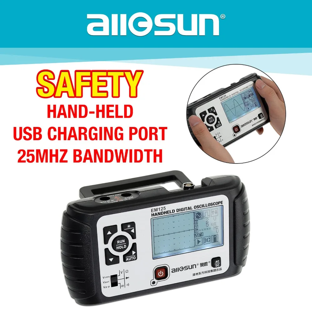 

All-sun 25MHz 100MSa/s Digital 2in1 Handheld Portable Oscilloscope+Multimeter Single Channel Waveform USB LCD Backlight EM125