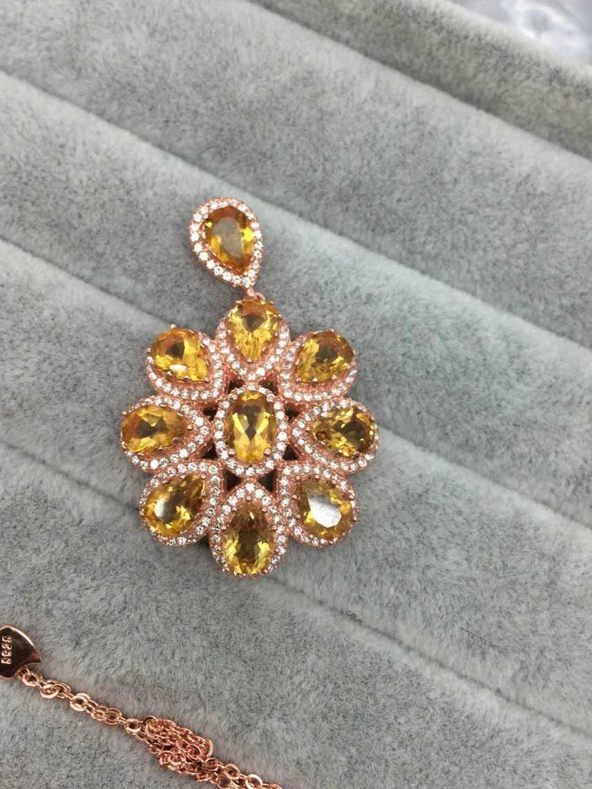 Naturel citrine gem pendentif naturel jaune cristal pendentif collier 925 argent mode luxe rond fle