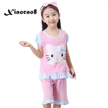 Летняя Детская Пижама с короткими рукавами из хлопка детская розовая пижама принцессы с рисунком кота для девочек и мальчиков домашняя одежда