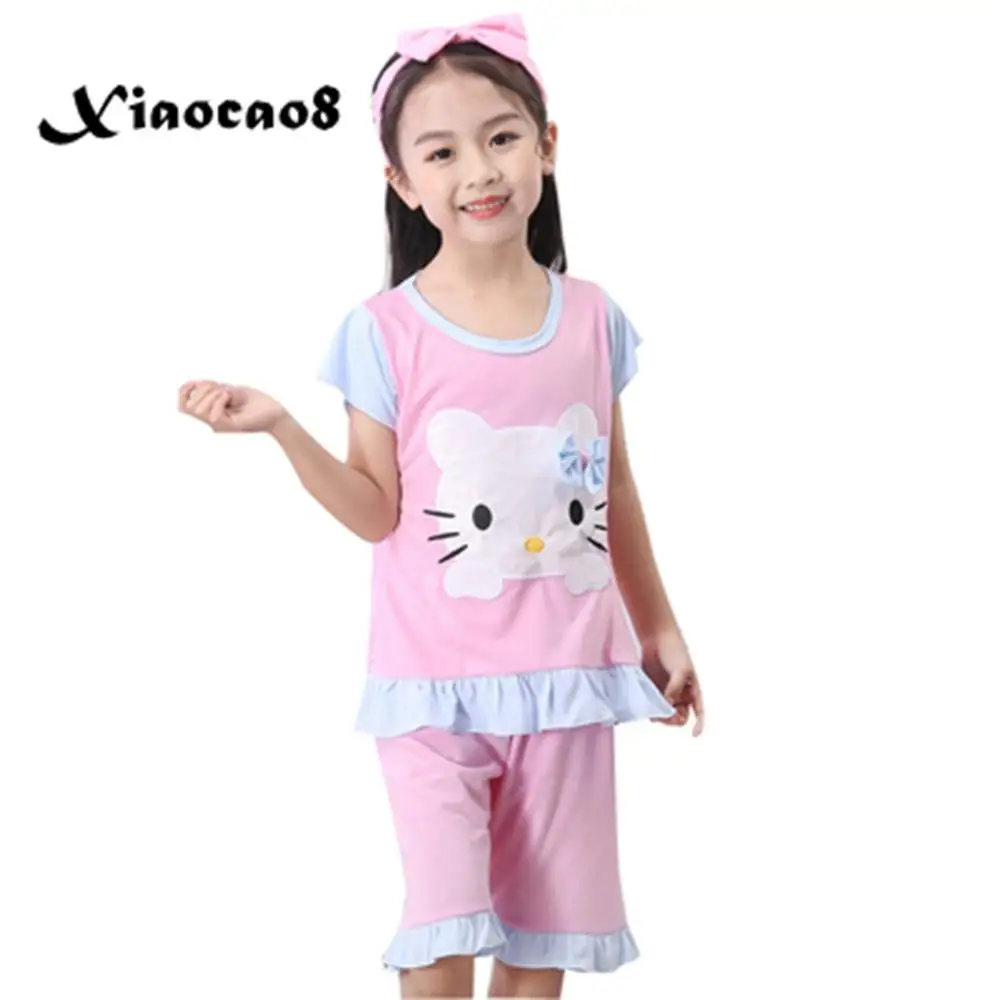 

Summer children's short sleeve 100% cotton pajamas kids cartoon cat pink princess pajamas for girls boys sleepwear home Clothing