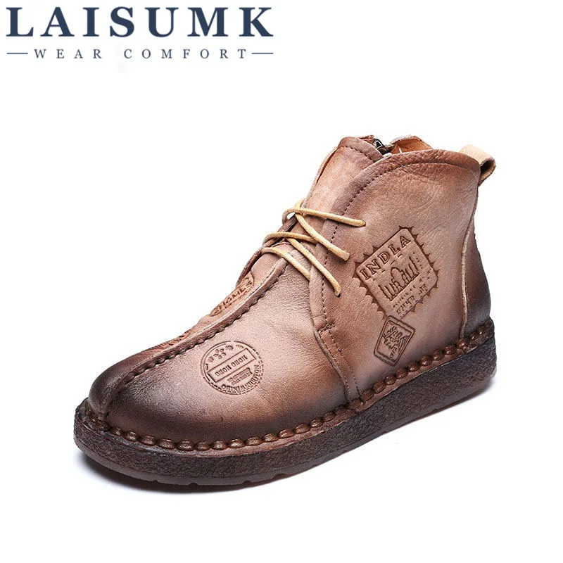 

2019 LAISUMK HOT SALE Women Retro Boots Handmade Ankle Boots Flat Boots Real Genuine Leather Shoes Women Shoes Plus Size 43