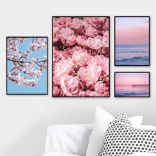 Pink Flower Ocean Sunset Landscape Wall Art Canvas Painting Nordic Posters And Prints Wall Pictures For Living Room Home Decor