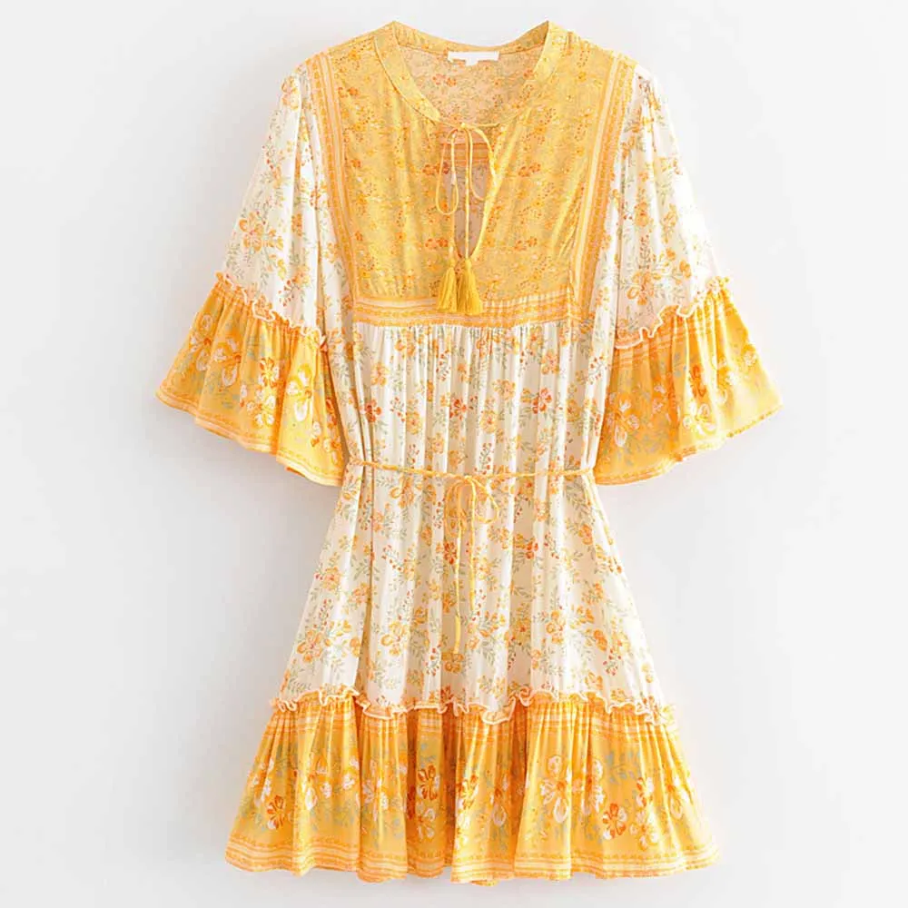 

ANSFX Bohemian Yellow Floral Print Deep V-Neck Lacing up Tassel Sashes Tied Bow Short Flare Sleeve Ruffle Short A-Line Dress