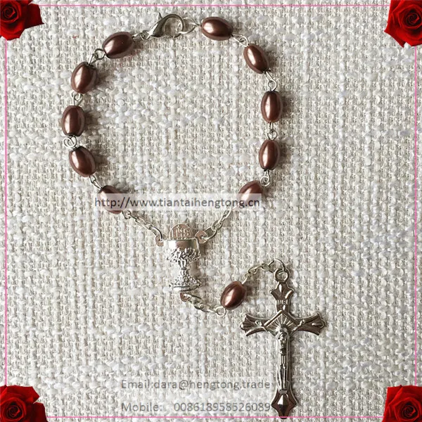 

10pcs/pack oval brown glass imitation pearl beads rosary bracelet, faux pearl religious rosary bracelet with holy Chalice center