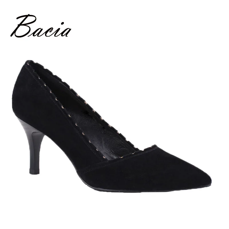 

Bacia Genuine Leather High Heels Handmade Beaded Elegant Pumps Sheep Suede Party Shoes Pointed Toe Women OL office Pumps VA017