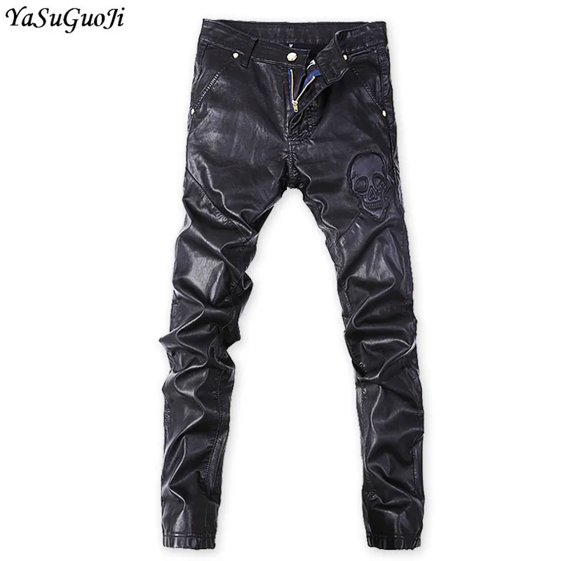 

New arrival 2018 punk style fashion skull print slim fit pu leather jeans men men's close-fitting leather pants PK6-1