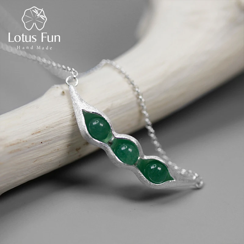 

Lotus Fun 925 Sterling Silver Necklaces Women Natural Green Aventurine Bean Shape Long Necklace with Big Pendant