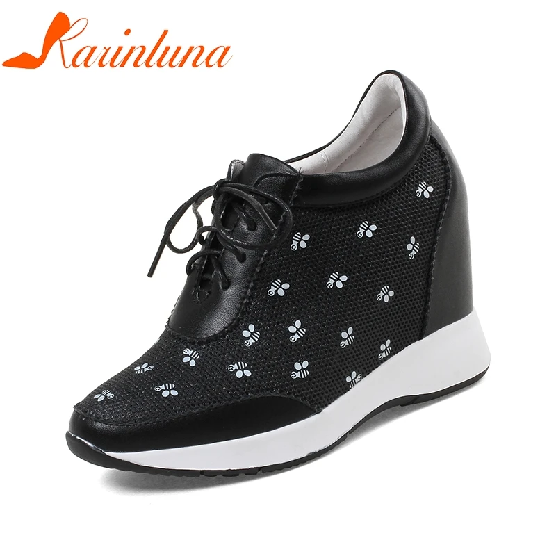 

KARINLUNA 2018 Fashion Cow Leather Large Size 32-40 Platform Heels Black White Women sneakers Lace Up Shoes Woman Footwear