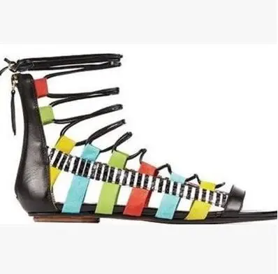 

Summer hot selling colorful leather lace-up sandal for woman 2017 open toe cutouts flat sandal back zip gladiator sandal