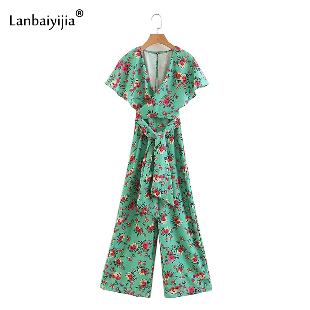 Lanbaiyijia новые Для женщин комбинезоны рукав "летучая мышь" с V-образным вырезом и короткими рукавами, Высокая талия комбинезон с цветочным принтом женские летние костюмы пляжного типа