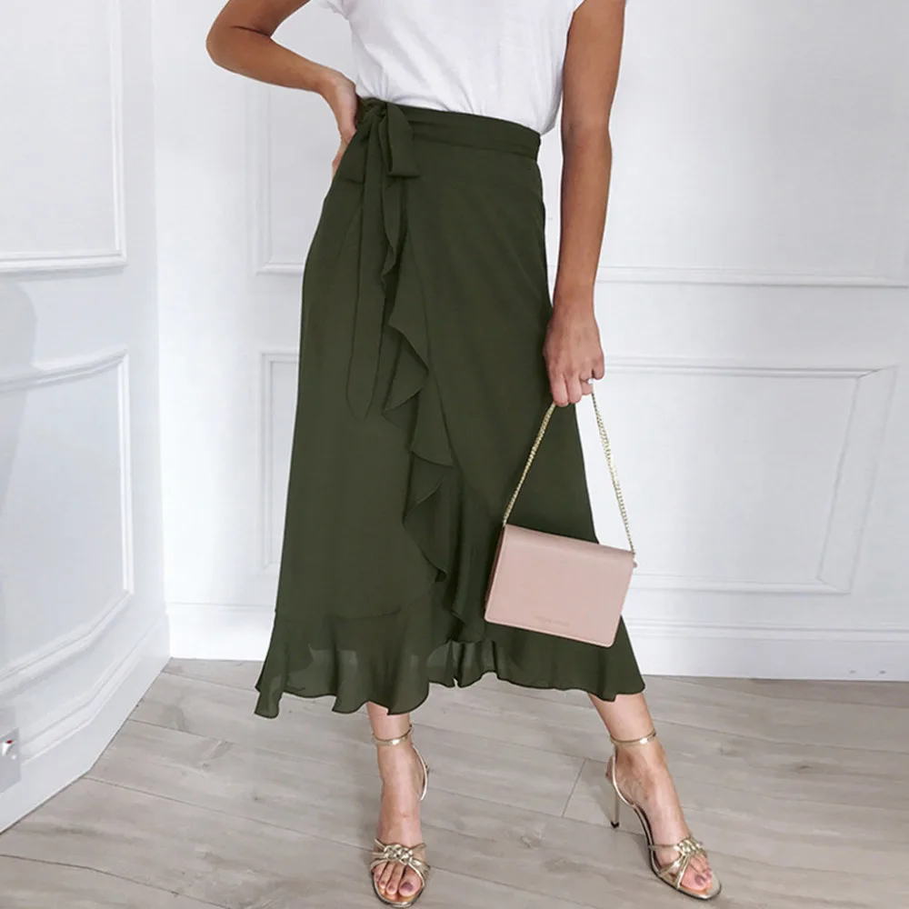 

Women Daily Summer Bohemia High Waist Soild Ruffle Beach Wrap Maxi Long Skirt_3.16