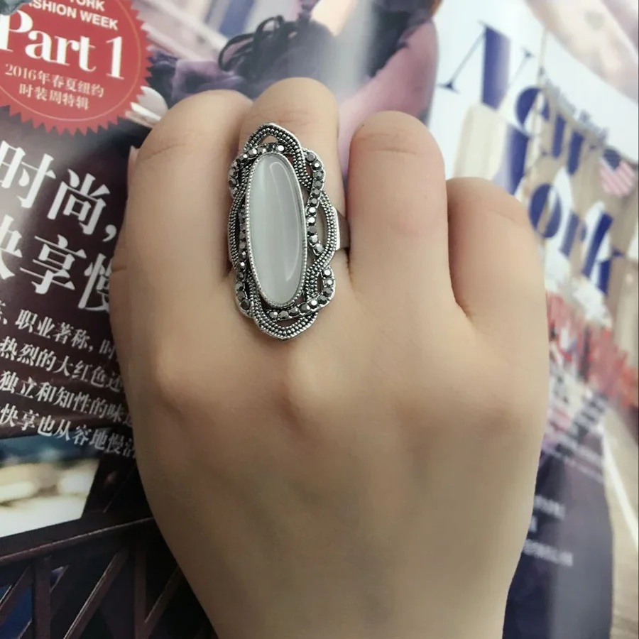 Bohemian Style White Opal Ring Big Oval Silver Plated Mosaic AAA Gray Crystal Rings Kinel for Women Vintage Jewelry crystal rings bohemian rings stone rings fashion rings opal rings fashion ring finger rings metal rings