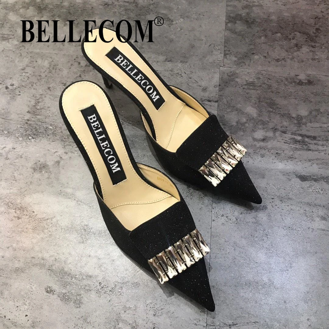 

BELLECOM Summer 2019 new pointed water drill high heels women's shoes sandals outdoor casual shoes leather heel slippers fashion