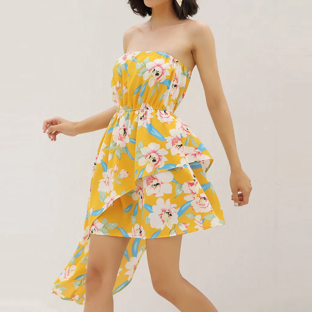 

JAYCOSIN Ruffle Floral Print Summer Strapless Dress Irregular Bow Wrap Short Dress Women Yellow Dress Beach Dresses vestidos 614