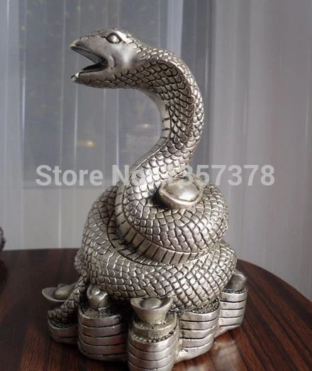 

shitou 0097 15 CM TALL SNAKE WITH MONEY STATUE BRONZE COATED SILVER discount 30% (C0324)