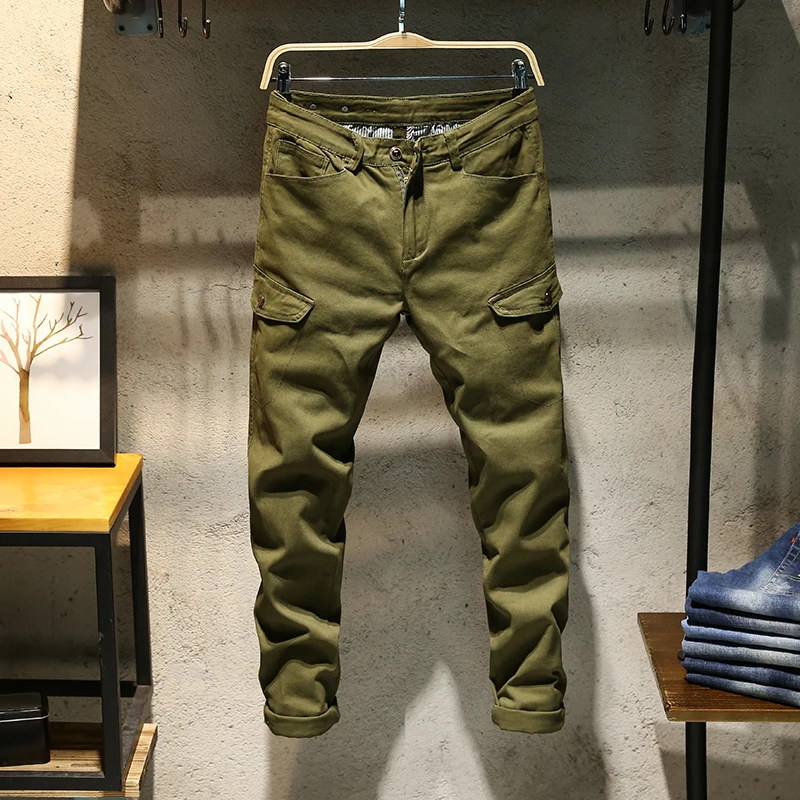 

ClassDim Men's Elastic Skinny Denim jeans Good Quality Cotton Army Green Long Jeans New Fashion Men Slim Solid Casual Jeans