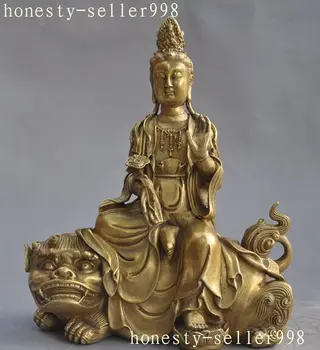 

10"China Buddhism Brass Ride lion kwan-yin GuanYin Bodhisattva Buddha Statue