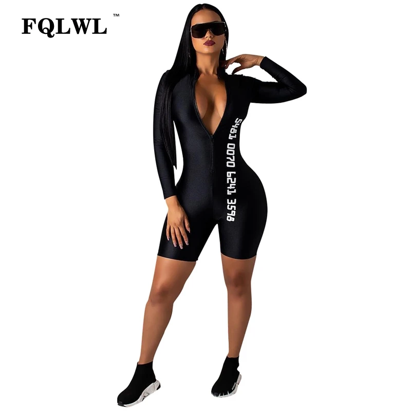 FQLWL Черный Bodycon сексуальный комбинезон короткий для Для женщин с длинными рукавами комбинезоны для фитнеса Для женщин s Комбинезон Женский Уличная Playsuit Для женщин - Цвет: Черный