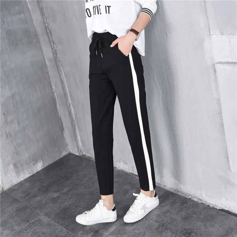 Casual Harem Baggy Pants Women White Bar Stripe Ankle