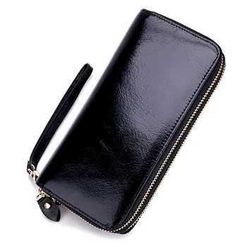 

Fashion Women Double Zipper Oil Wax Leather Wallet Large Capacity Genuine Leather Wallets Lady Purse Practical Wrist Bags
